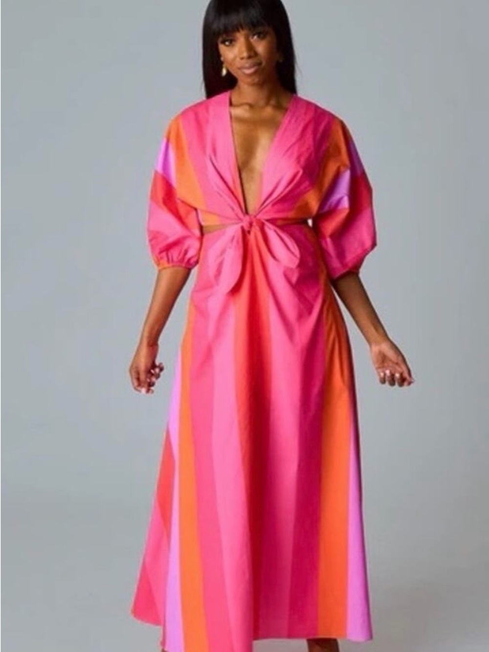 Buddy Love Pink & Orange Striped Maxi Dress with Front Knot